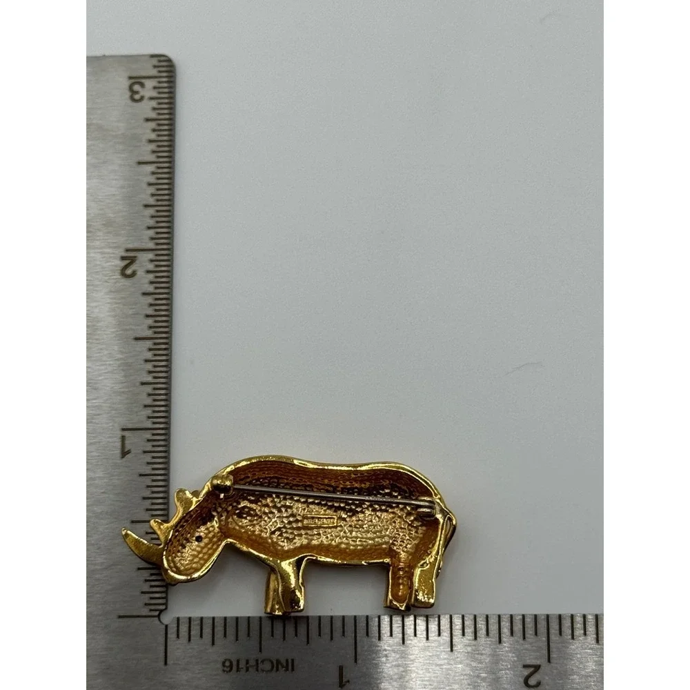 Vintage‎ Krementz Rhino Brooch Rhinestone Eye Gold Tone Pin